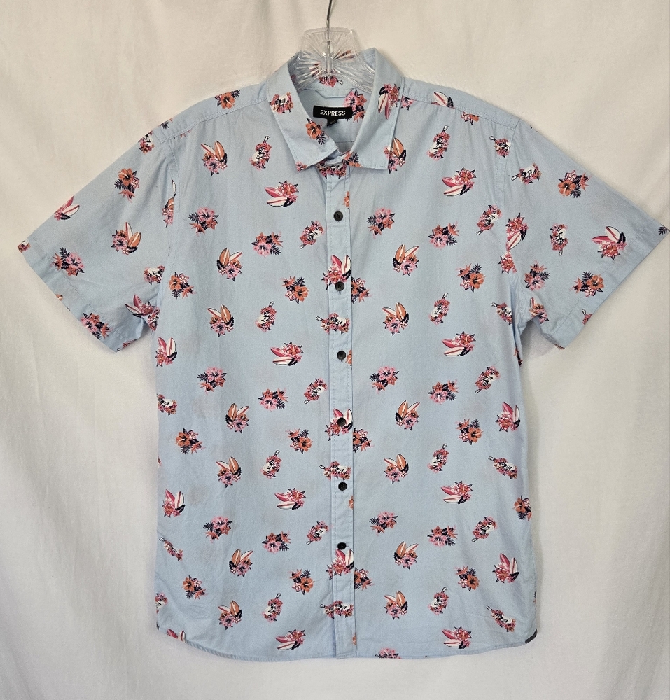 Express Cotton Light Blue Hawaiian Theme Resort Button Down Size M
